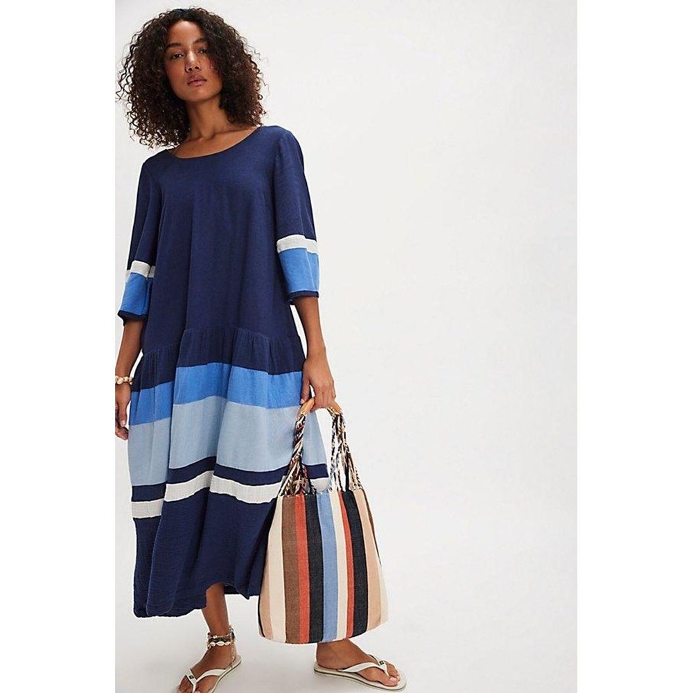 Free People Free-est Manda Midi Dress Blue Striped Linen Blend Pockets Boho- XL